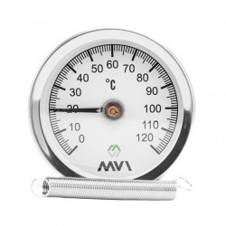 Термометр аксиальный MVI, биметаллический, диапазон показаний от 0°C до 120°C, диаметр корпуса 63 мм, накладной Термометр аксиальный MVI, биметаллический, диапазон показаний от 0°C до 120°C, диаметр корпуса 63 мм, накладной