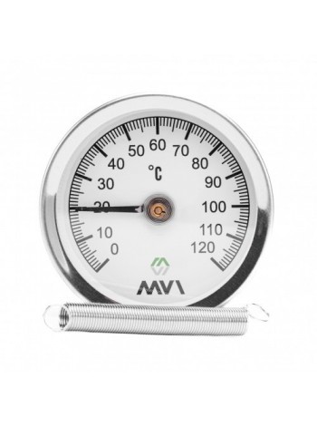 Термометр аксиальный MVI, биметаллический, диапазон показаний от 0°C до 120°C, диаметр корпуса 63 мм, накладной
