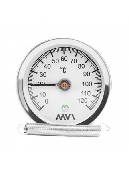 Термометр аксиальный MVI, биметаллический, диапазон показаний от 0°C до 120°C, диаметр корпуса 63 мм, накладной Термометр аксиальный MVI, биметаллический, диапазон показаний от 0°C до 120°C, диаметр корпуса 63 мм, накладной