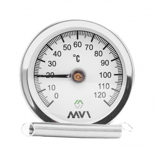 Термометр аксиальный MVI, биметаллический, диапазон показаний от 0°C до 120°C, диаметр корпуса 63 мм, накладной