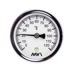 Термометр аксиальный MVI, биметаллический, диапазон показаний от 0°C до 120°C, диаметр корпуса 63 мм, погружной, подключение G1/2 Термометр аксиальный MVI, биметаллический, диапазон показаний от 0°C до 120°C, диаметр корпуса 63 мм, погружной, подключение G1/2