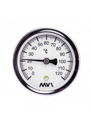 Термометр аксиальный MVI, биметаллический, диапазон показаний  от 0°C до 120°C, диаметр корпуса 63 мм, погружной, подключение G1/2