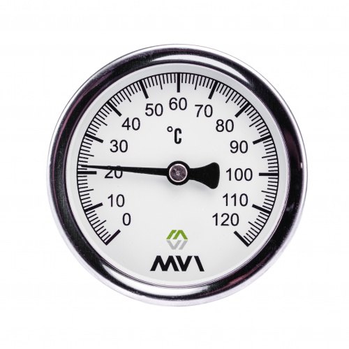 Термометр аксиальный MVI, биметаллический, диапазон показаний от 0°C до 120°C, диаметр корпуса 63 мм, погружной, подключение G1/2 Термометр аксиальный MVI, биметаллический, диапазон показаний от 0°C до 120°C, диаметр корпуса 63 мм, погружной, подключение G1/2