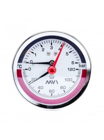 Термоманометр аксиальный MVI, диапазон показаний до 6 бар,  от 0°C до 120°C, диаметр корпуса 80 мм,  подключение G1/2